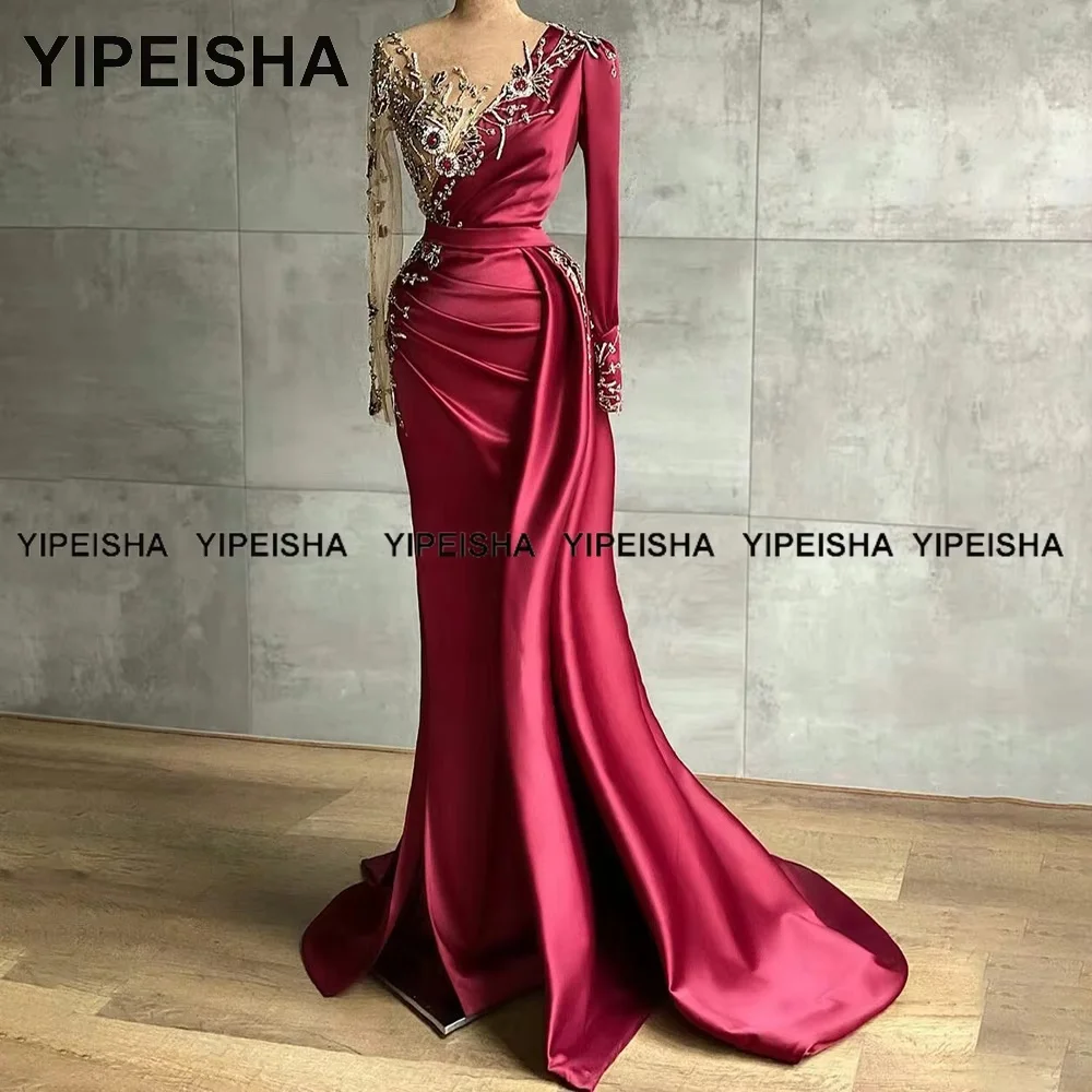 

Customized Sheer Neck Long Sleeves Evening Dresses Asymmetry Satin Red Prom Dress Saudi Arabia Mermaid Party Gown 2026