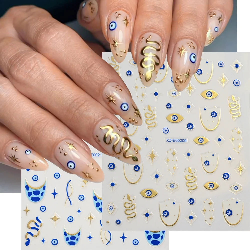 

1pcs Blue Gold Evil Eyes Nail Art Stickers 3D Metal Snake Sun Star Line Sliders Design Halloween Nail Decals Manicure Decoration