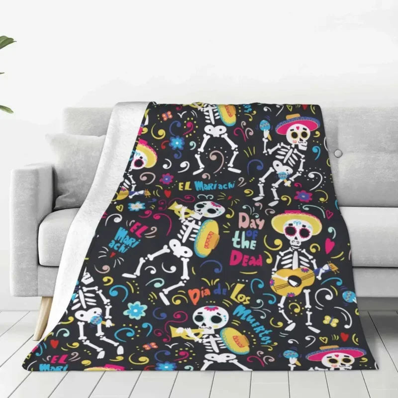 Day Of The Dead Flannel Sugar Skull Mariachi Skeletons Lightweight Thin Throw Blanket for Outdoor Travel Bed Rug