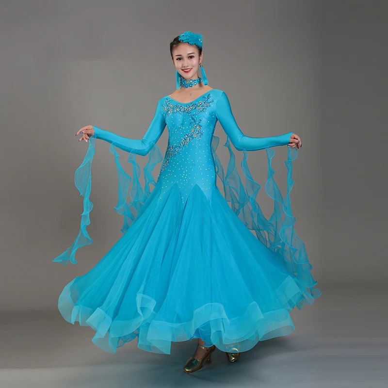 Ballroom Dance Dress Women Competition Long Sleeves Modern Costumes Big Swing Standard Party Waltz Stage Performance Clothes