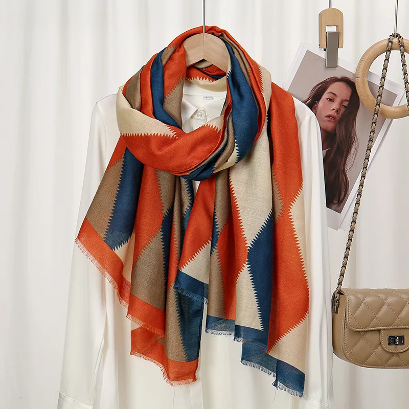 Зимний толстый шарф из вискозы, шали и палантины с бахромой в клетку геометрической формы, Женский мусульманский хиджаб, шарф 180*90 см