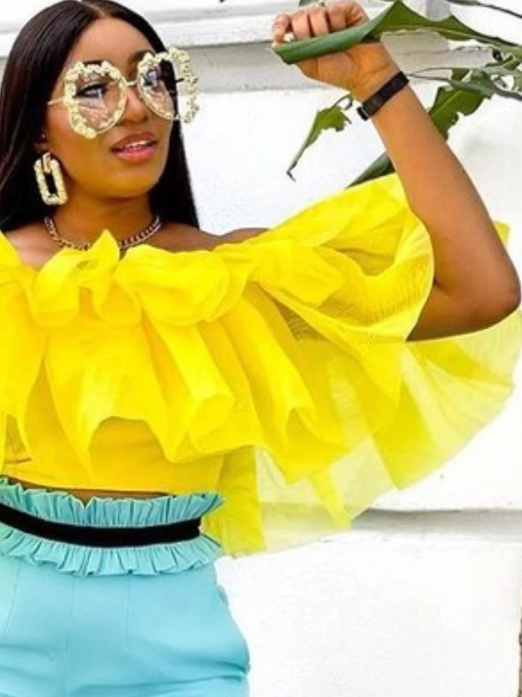 Women Blouses Off Shoulder Ruffles Pleated Yellow Summer Bright Shirt Tops Classy Elegant Lady Fashion Female African Bluas 2022