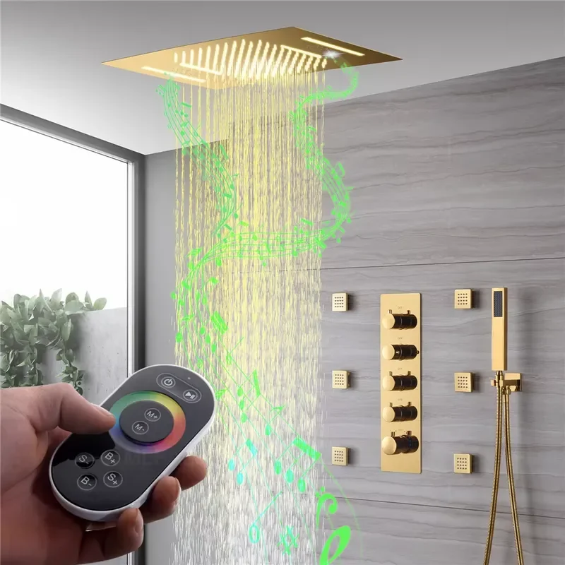Bathroom Shower Faucet Brush Gold 64 Color 4 Function Ti-PVD Shower Faucet Thermostatic Shower Set With Music