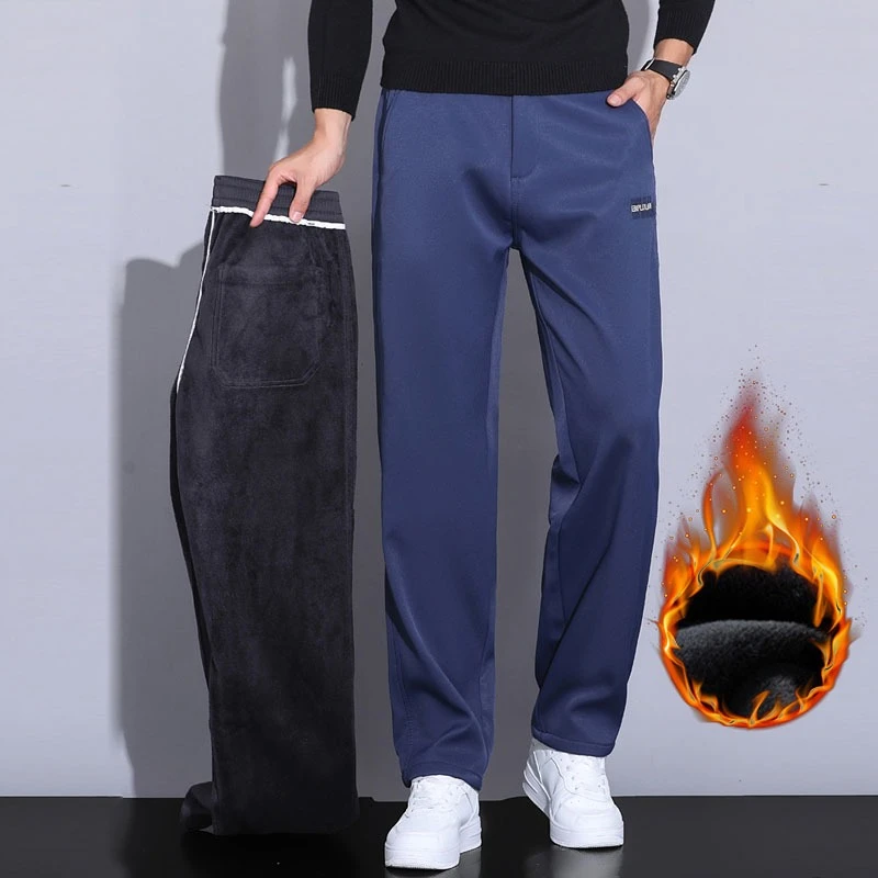 

Straight-Leg Winter Fleece Pants Men Thickened Velvet Loose-Fit Versatile Trendy Commuting Casual Sweatpants Daily Trousers