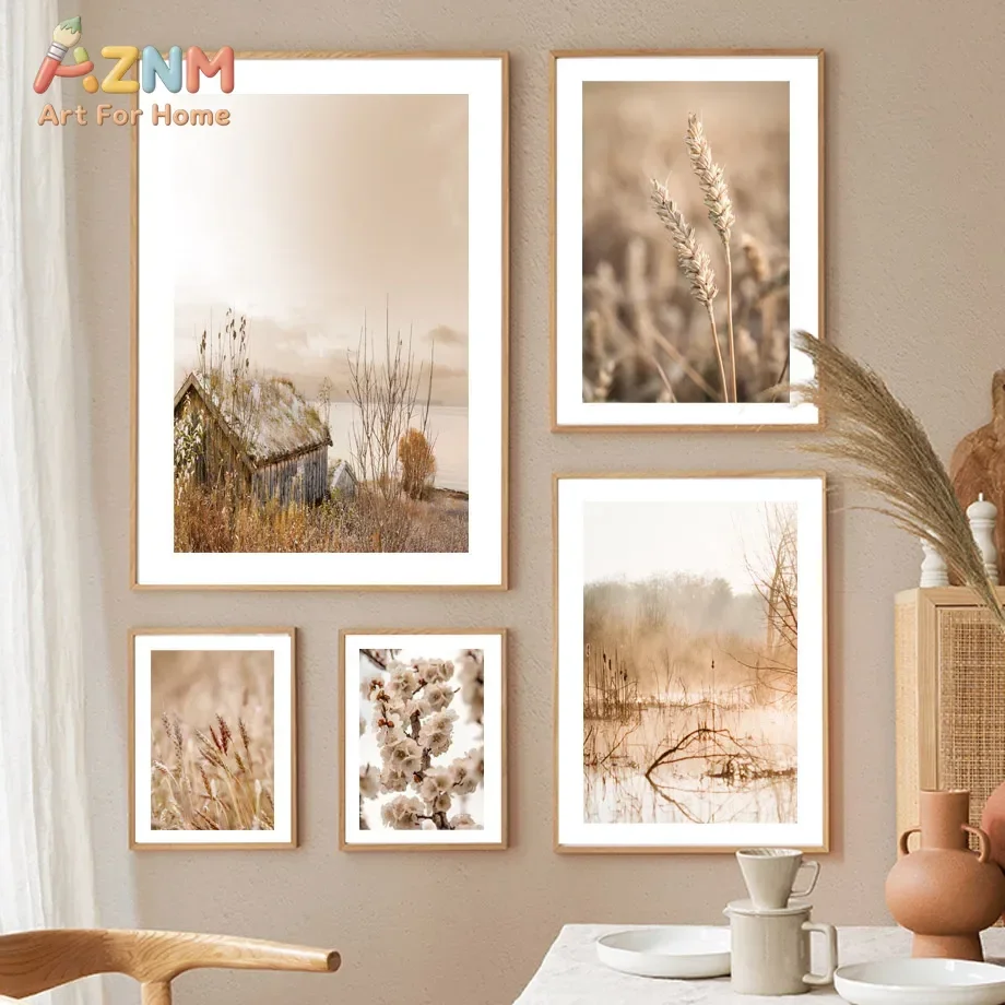 AZNM Neutral Beige Reed Wheat Floral Cabin Lake Canvas Wall Art Boho Nature Landscape Poster Print for Home Decor Unframed