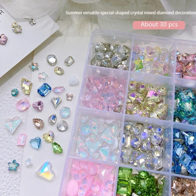 30PCS Rhinestone Pointed Diamond Colorful Crystal Super Flash Butterfly Fat Square Crooked Heart Mix Nail Jewelry Accessories