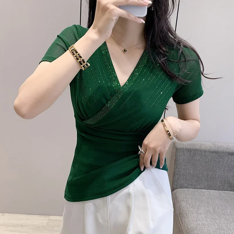 #5403 Summer Wrap T Shirt Women V-neck Diamonds Sexy Tight Stretch Mesh Short Sleeve T Shirt Female Streetwear Tee Solid Color