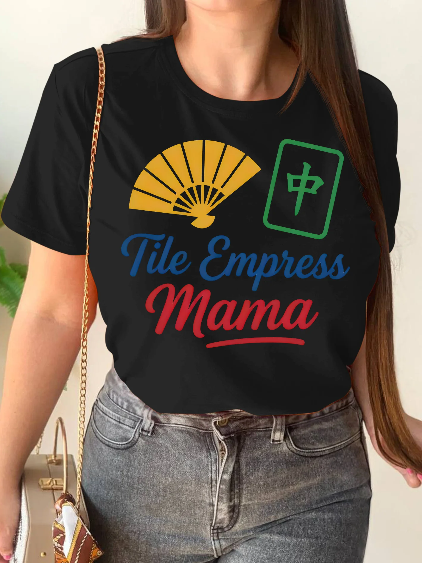 Mahjong Tile Empress Mama Fan Graphic Womens T Shirt Short Sleeve Crew Neck Game Casual Daily Wear Ladies Soft Comfort Tee Tops