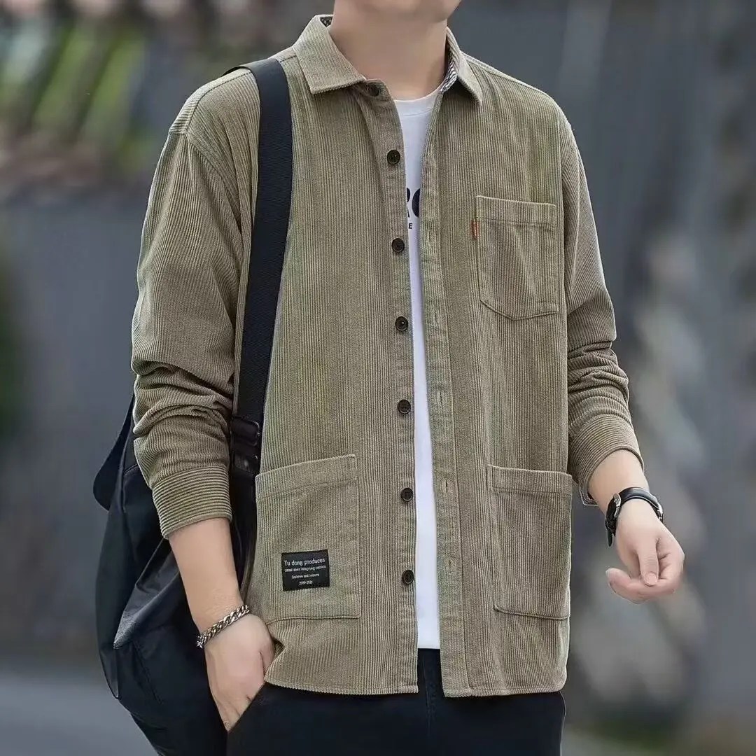 

Long Sve Men's irt Spring Autumn Corduroy Collar Open Cardigan Loose Versatile Youth Casual Wear Polyester Fiber