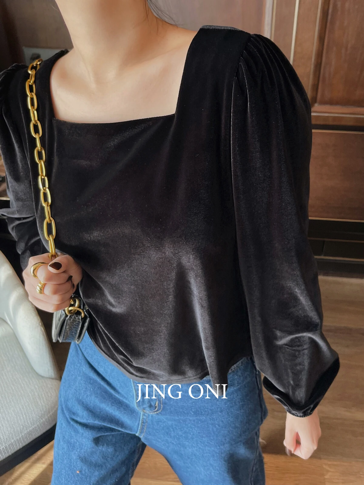 Velvet Top T-shirt 2024 Woman Clothing Y2k Korean Fashion Style Vintage Youthful Gothic Long Sleeve Blouse Crop Black Tee New