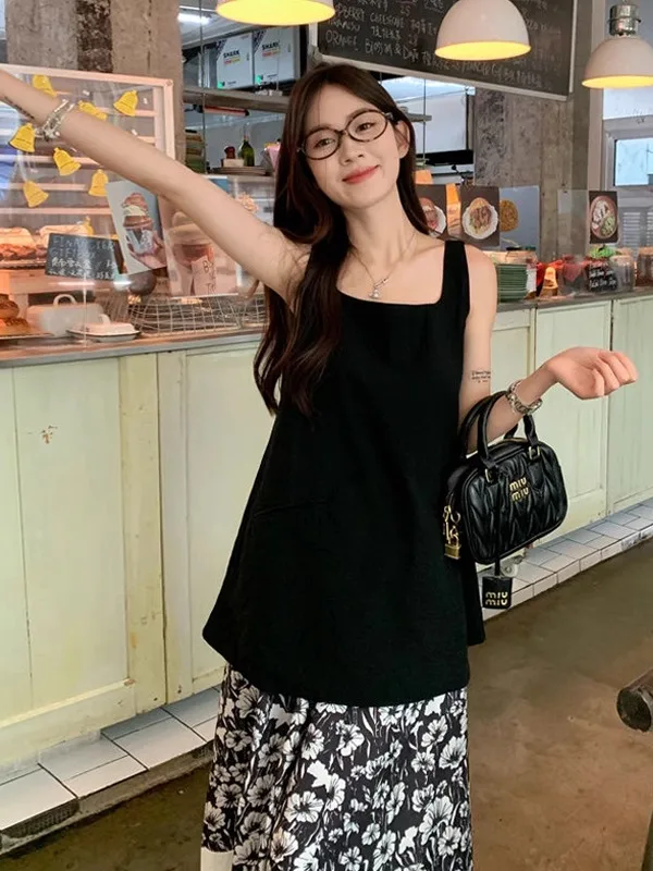

Gentle Style Black Sleeveless Vest And Skirt Set Women's Simple Elegance Summer Draping Half-length Skirt Two-piece Suit