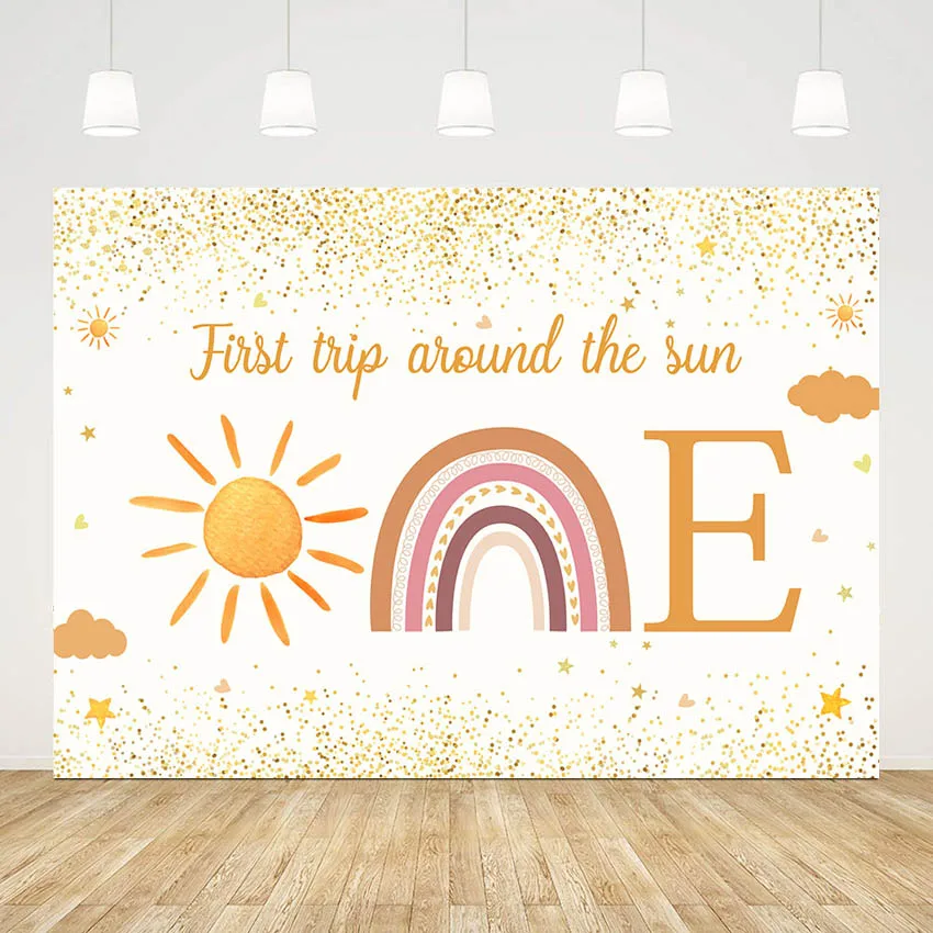 

Mehofond Baby 1st Birthday Backdrop Boho Rainbow for First Trip Around the Sun Photography Background Glitter Studio Photocall