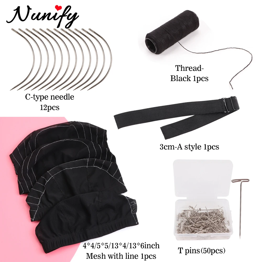 

Nunify 1Pcs Wig Cap With White Line 1 Rolls Hair Weaving Thread 12Pcs C Shape Needles 50Pcs T Shape Stainless Steel Pins 3Cm Ban