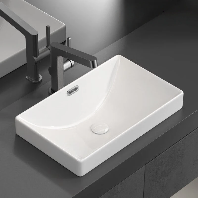 Countertop Sink Semi Recessed Embedded Basin Rectangular Ceramic Hand Wash Vanity Lavatory Basin Household Bathroom Washroom Sin