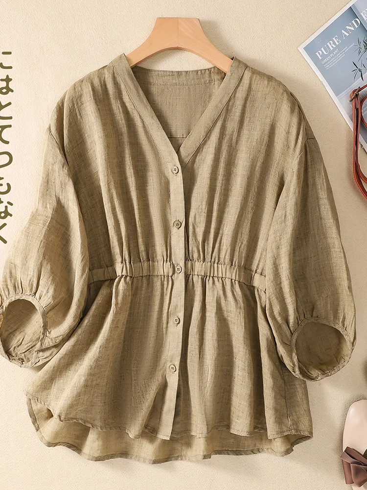 V-Ne القطن الكتان دمية irt المرأة أناقة الصيف أعلى خمسة أرباع Sve زر متابعة فضفاضة تناسب العادية طول تخفيف Sle #3