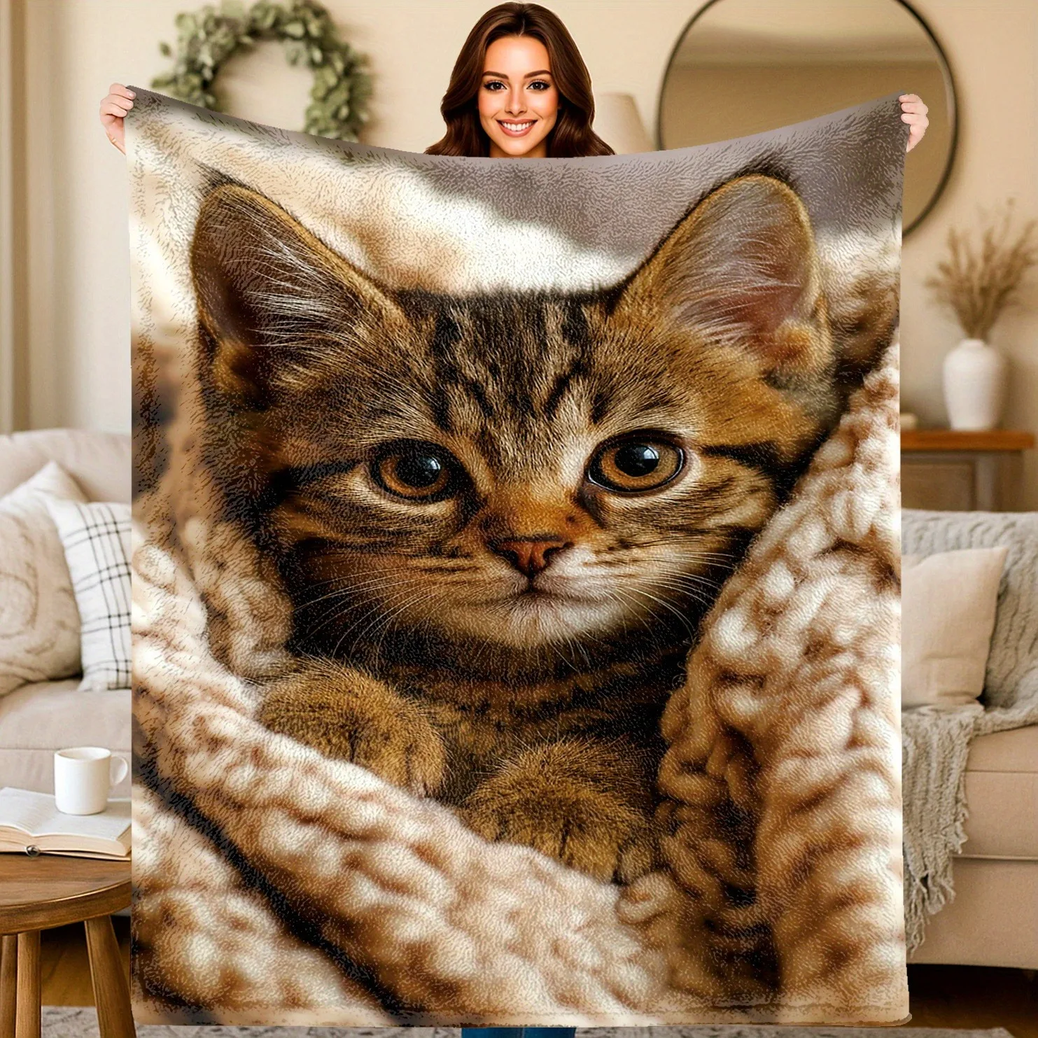Cute Tabby Kitten Flannel Blanket 3D Cat Print Soft Warm Throw Blanket for Cat Lovers Bed Sofa Couch Home Decor Multiple Sizes