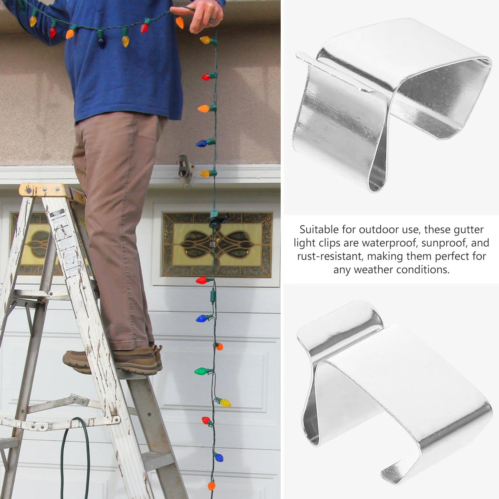 

50 Pcs Gutter Hooks for Outdoor Lights Hangers Christmas Clips outside Gutters Silver