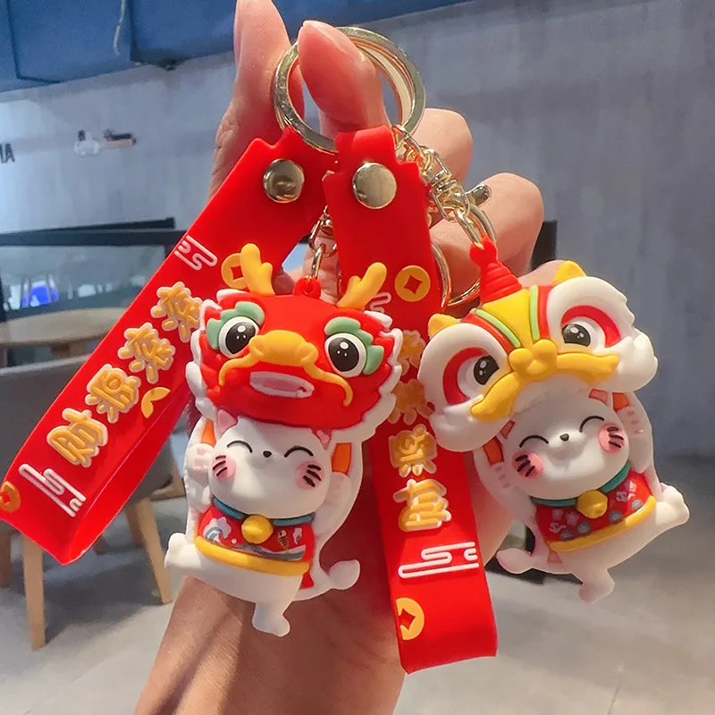 Fun Chinese New Year New Year Waking Lion Head Beckoning Cat Keychain Cartoon Cute Schoolbag Decoration Charms Festive Gifts