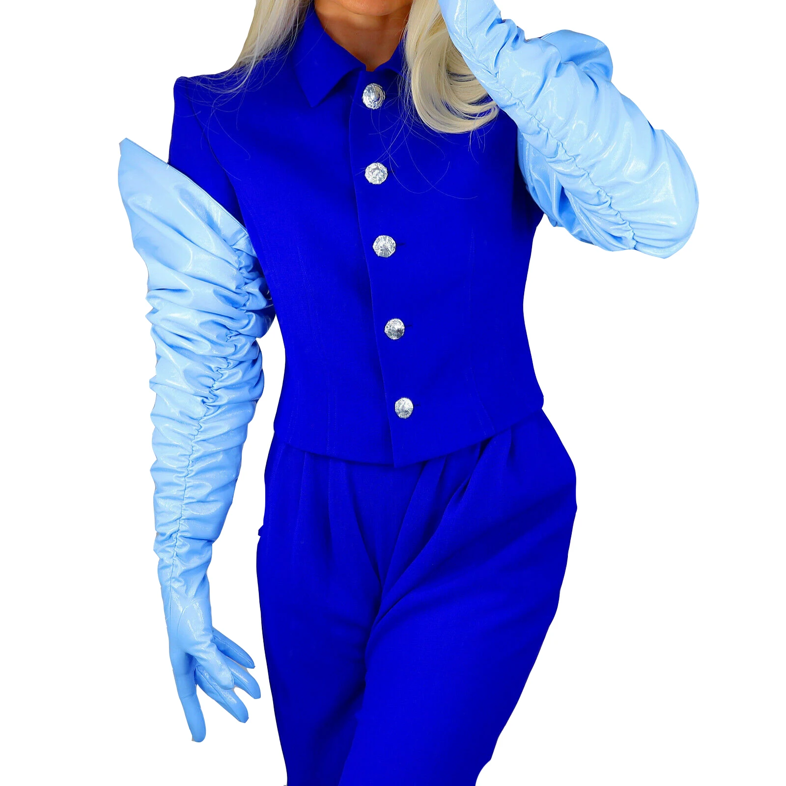 DooWay Blue RUCHED LATEX GLOVES Loose Pleated Puff Sleeves Faux Patent Leather 1m Long Halloween Cosplay Party Dressing Glove