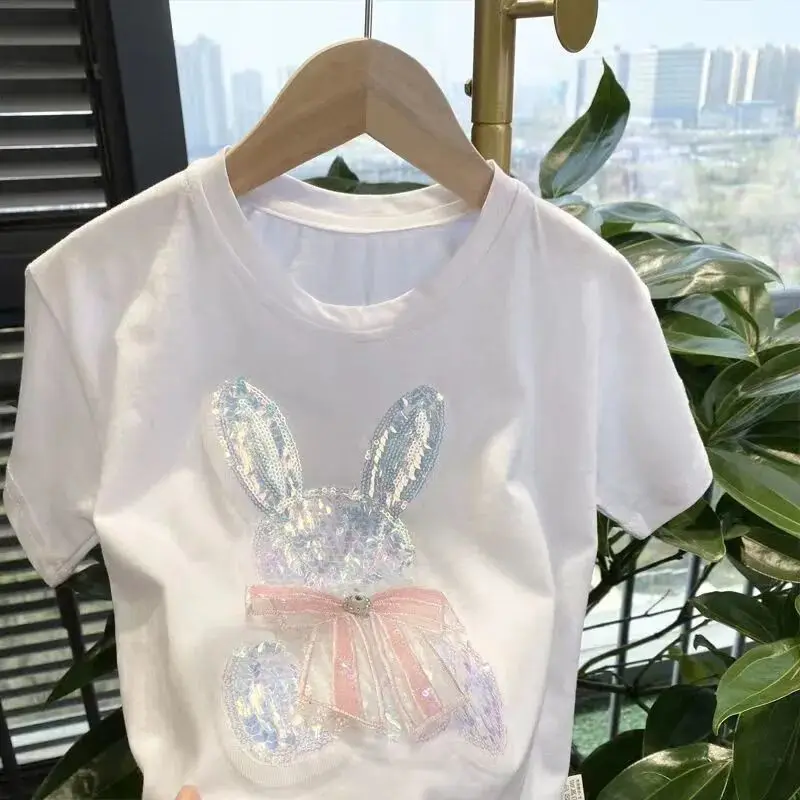 Children\'s Short Sleeve T-shirt Summer New Teenage Girls Pure Cotton Little Rabbit Sequin T-shirt Girls\' Baby Top 2-12Y