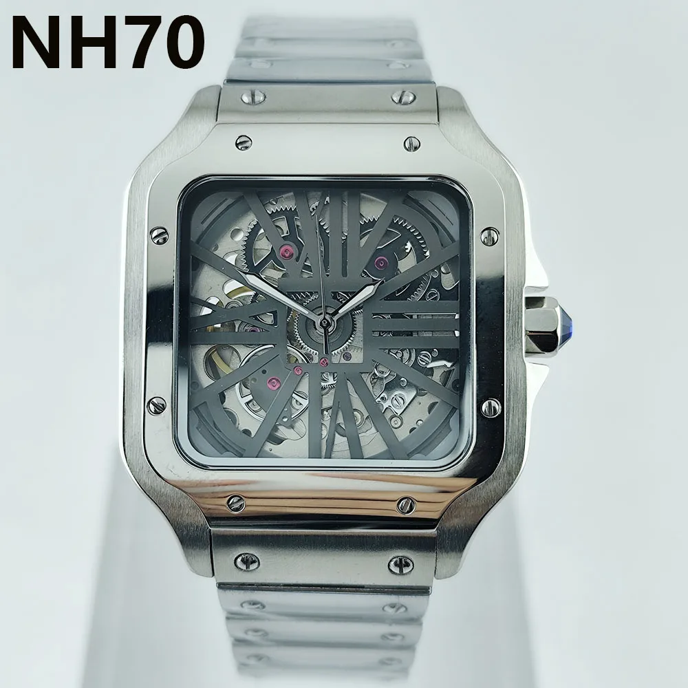 New NH70 watch square Watch men's  watch stainless steel automatic mechanical watch hollow dial NH70 movement sapphire glass