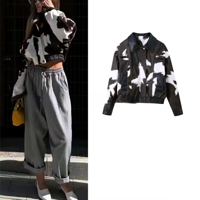 

Женское пальто в стиле ретро, длинное пальто-джат с отложным воротником и принтом из искусственной кожи, верхняя одежда из искусственной кожи, зимнее новое поступление