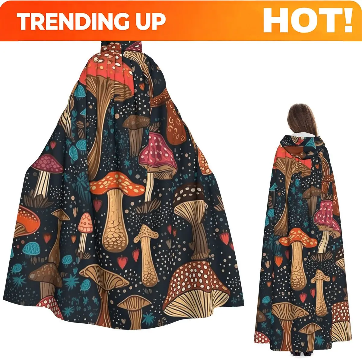 Custom Psychedelic Magic Mushrooms Print Lava Long Hooded Cloak Witch Medieval Costume Cosplay Cape HalloweenVampire Adult Unise