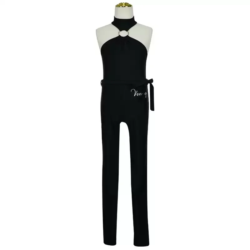 Vennystyle Abito da ballo latino per ragazze Girocollo Halter Set da due pezzi Costume da pratica per performance di salsa Bachata elasticizzato senza maniche