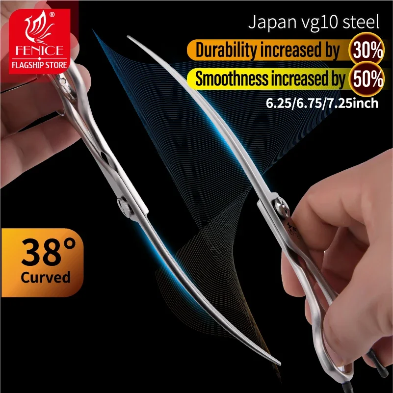 Fenice King Series JPVG10 6.25/6.75/7.25 Inch Pet Dog Grooming Scissors Professional 38° Curved Shears for Animal Hair Cutting