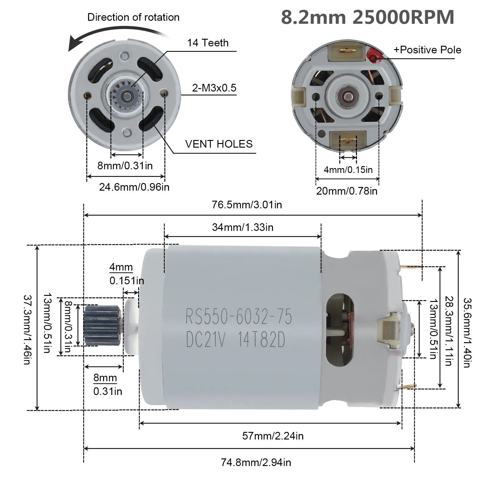 RS550 DC Motor 8.2mm/9.5mm 14 Teeth Gear Micro Motor 550 21V 14 Tooth Lithium Electric Saw Motors for Mini Saw Reciprocating Saw