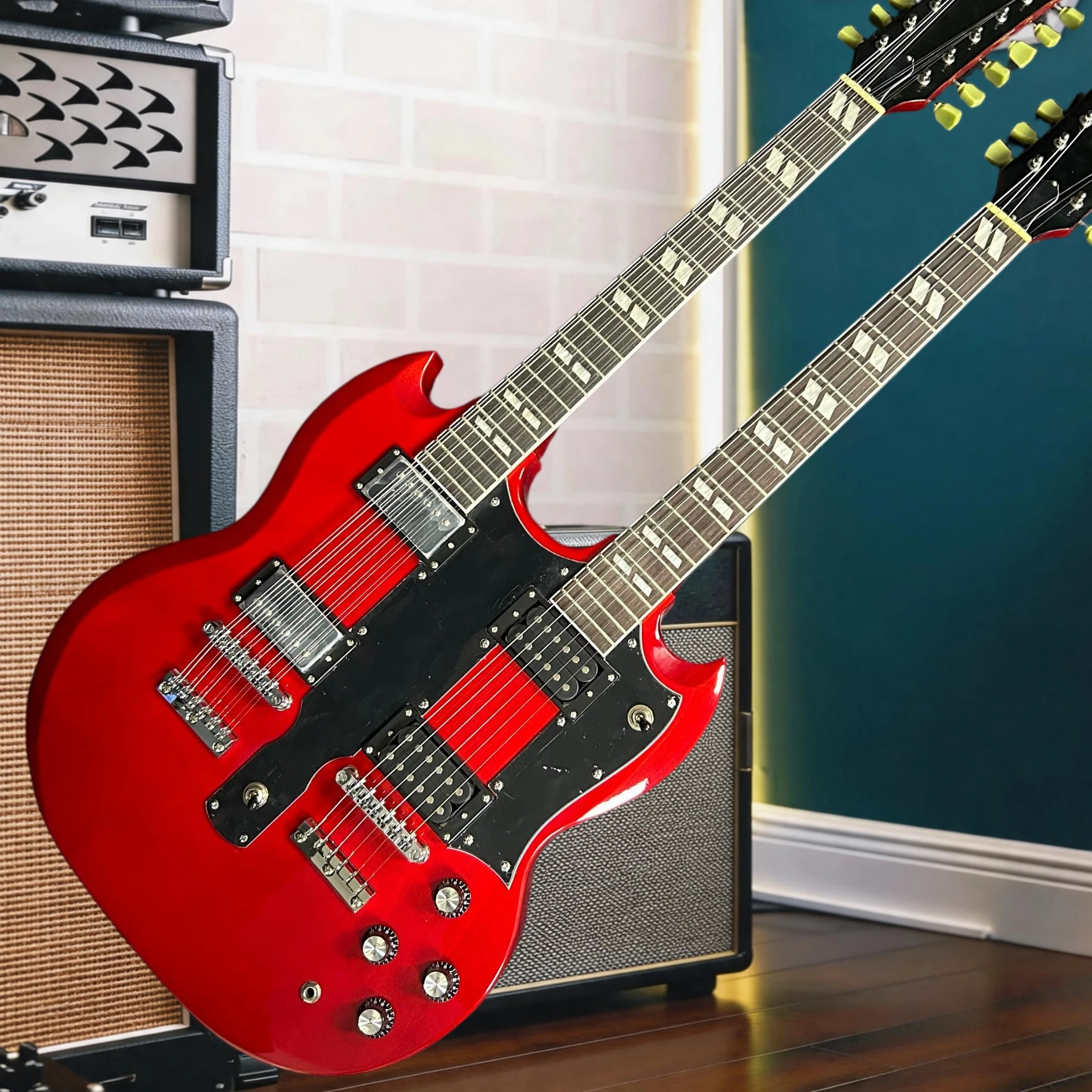 Gloss Cherry Red Double Neck SG Electric Guitar 6 String & 12 String Dual Humbucker Pickups Black Pickguard 4 Control Knobs