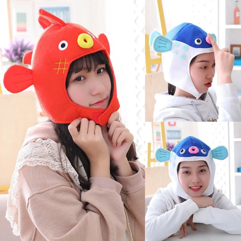 Halloween Funny Cartoon Puffer Fish Plush Hat Stuffed Toy Japanese Globefish Headgear Cap Cosplay Party Photo Props