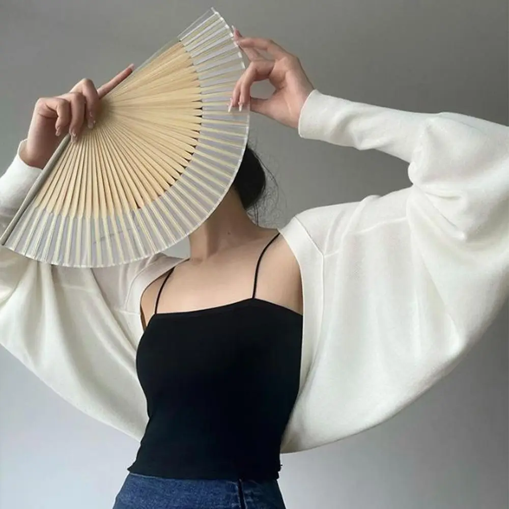 Elegant Summer Thin Knit Shawl Long Sleeve Solid Color Ice Silk Shawl Casual Wraps Sunscreen Coat Female