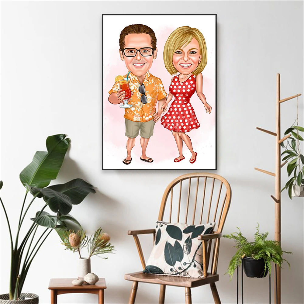 Custom Couple Cartoon Portrait Poster Personalized Lover Family Portrait Print Valentine\'s Day Anniversary Gift Canvas Painting