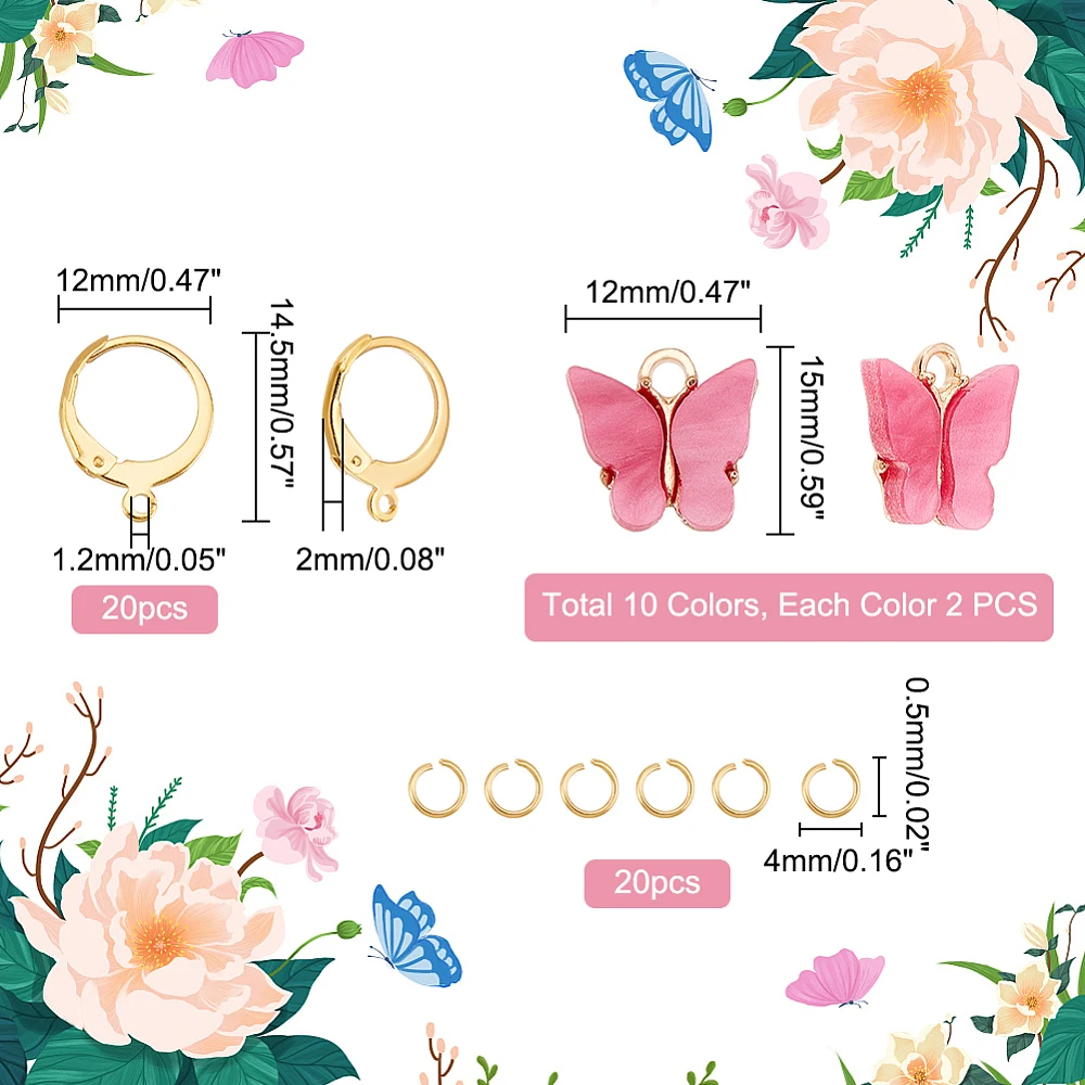 10 Pairs DIY Butterfly Charm Earring Making Kit Acrylic Butterfly Pendants Charms with Leverback Earring Hooks Jump Rings