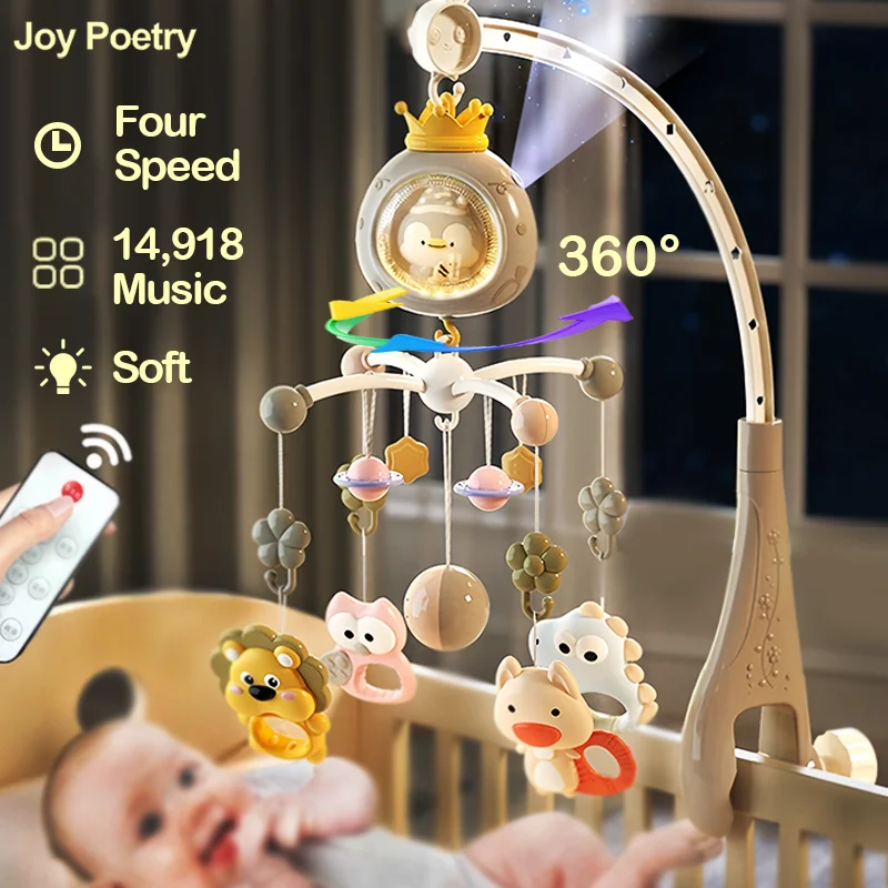 360° Penguin Musical Projection Baby Crib Mobile Rotating Soft Light Bed Bell Toy Four Speed Timming Infant Rattle Bedside Gift