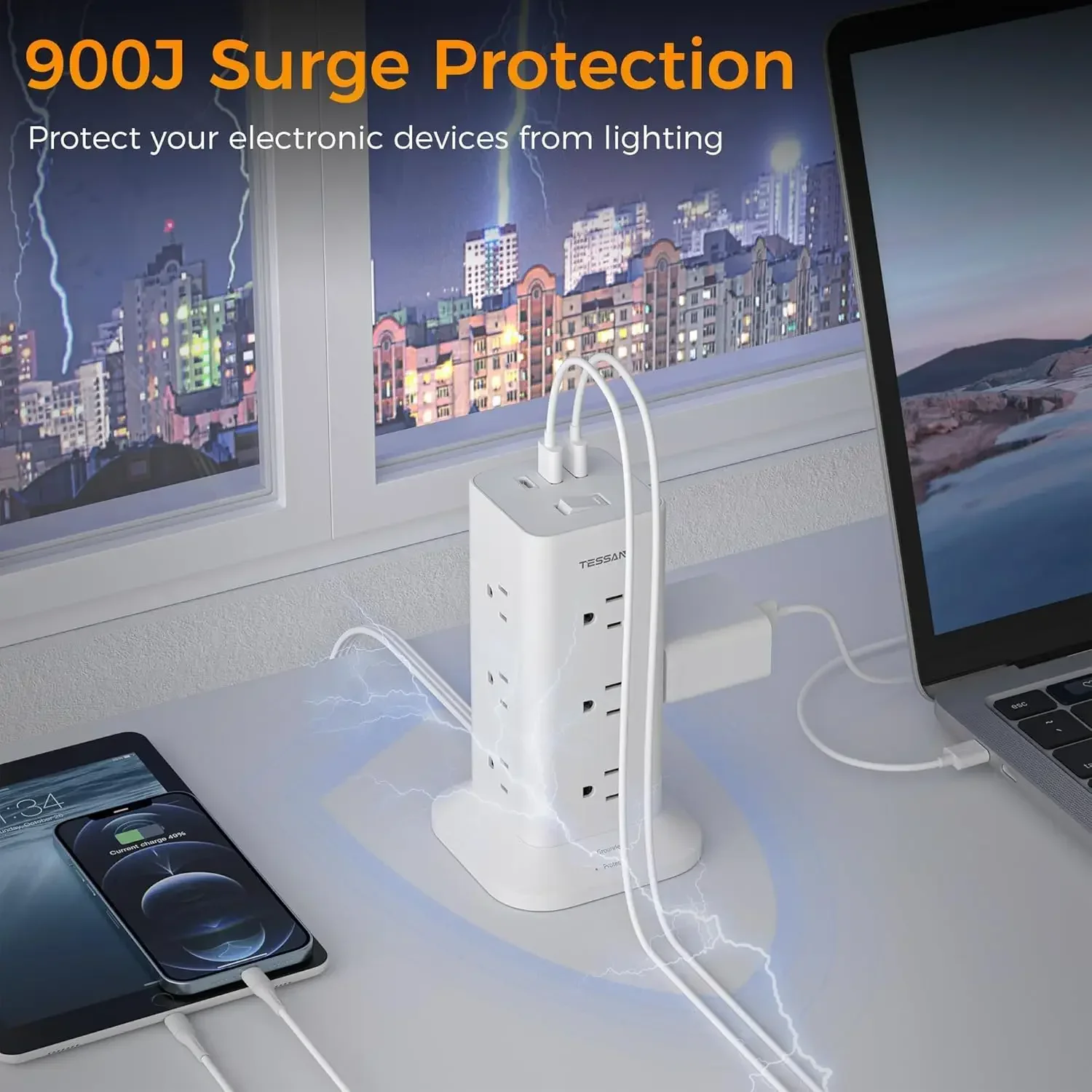 Power Strip Tower with Surge Protection TESSAN Flat Plug Extension Cord 6 Feet with 12 Multiple Outlets 3 USB Ports (1 Type C)