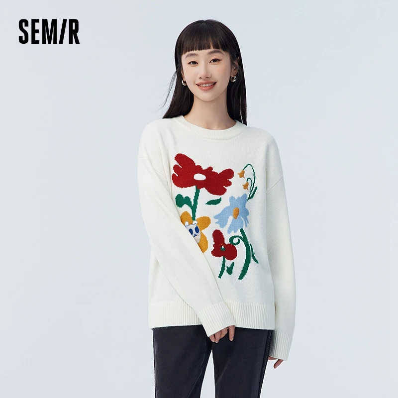 Semir Sweater Women Flower Jacquard Sweater Minority Spring Designer Series Sweet Gentle Loose Dropped Shoulder Top