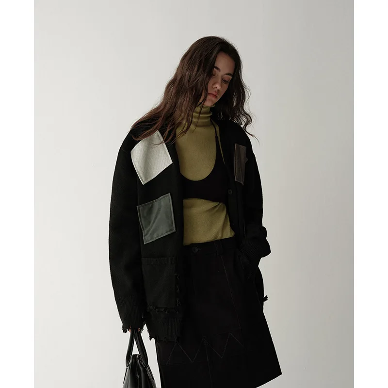 BJTZ 여성용 디스트레스드 아트 패치 울 가디건 가을 겨울 니트 오픈 프론트 재킷 긴 소매 루즈핏 프리미엄 아우터웨어