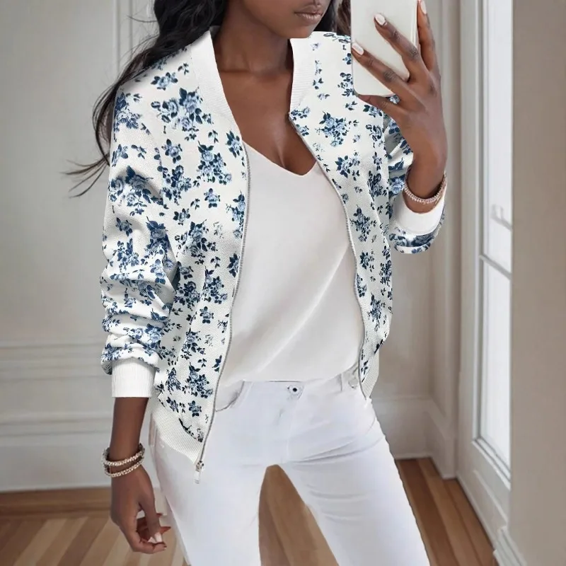 Autumn New Zipper Baseball Collar Printed Jacket Temperament Commuting Casual Versatile Jacket
