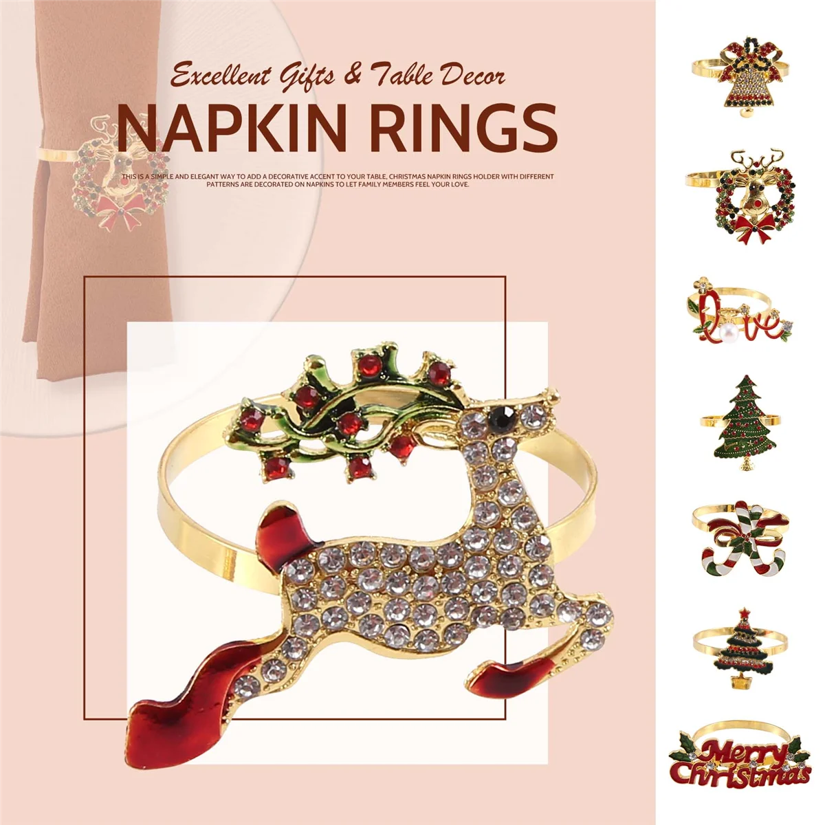 Christmas Napkin Rings - Set of 8 Napkin Holder Rings for Holiday Christmas Table Decoration Napkin Buckle