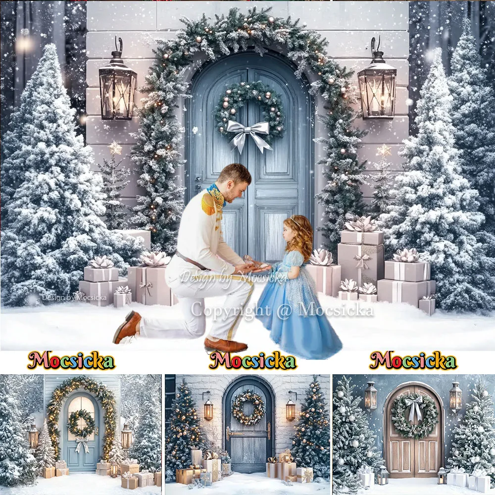 Mocsicka Frozen Christmas Wonderland Entrance Door Background Photography Xmas Tree Wreath Gift Lights Snowy Backdrop Gir Photo