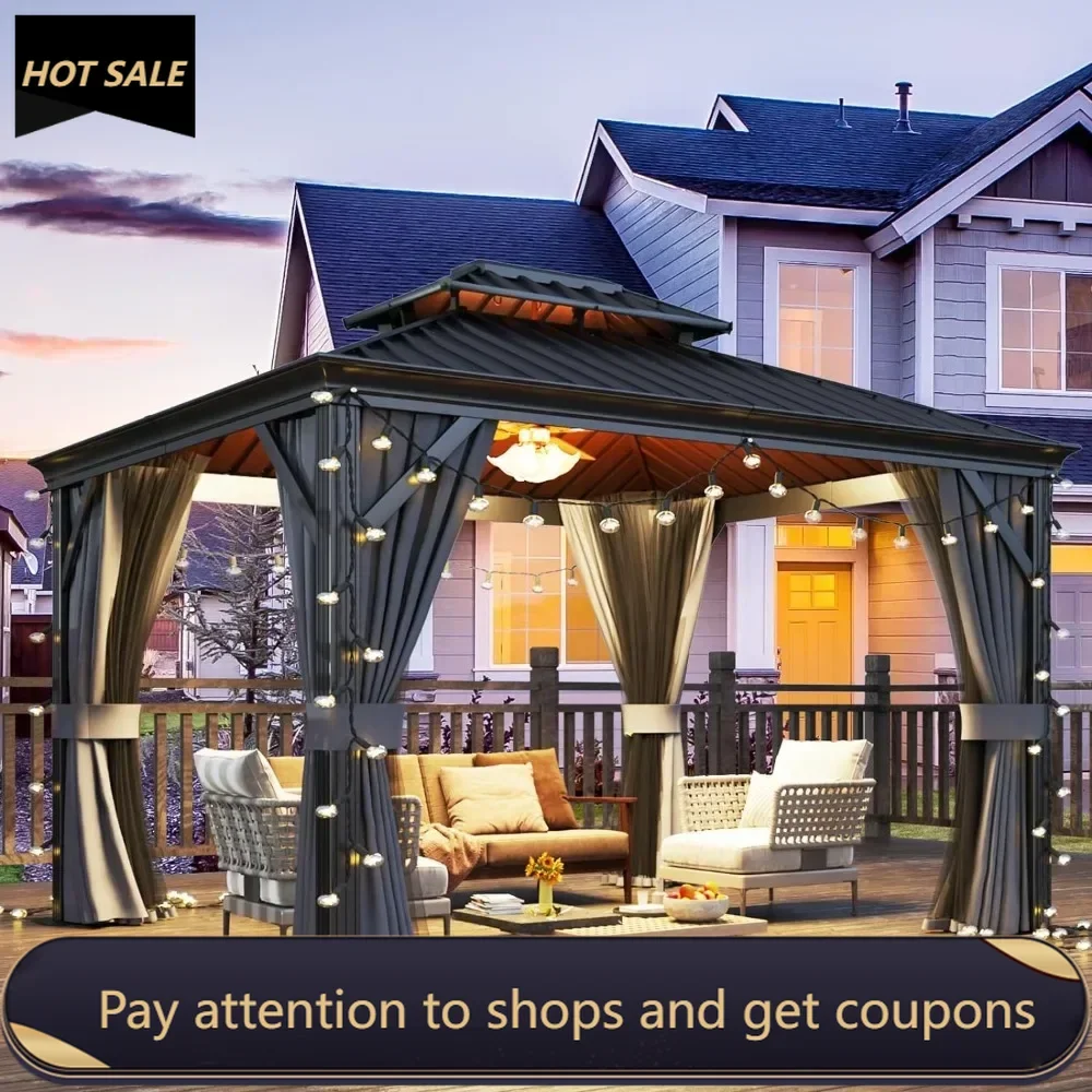 

10' x 12' Hardtop Gazebo,Galvanized Steel Dual-Layer Roof, Permanent Aluminum Gazebo,Metal Pergolas with Curtains and Netting