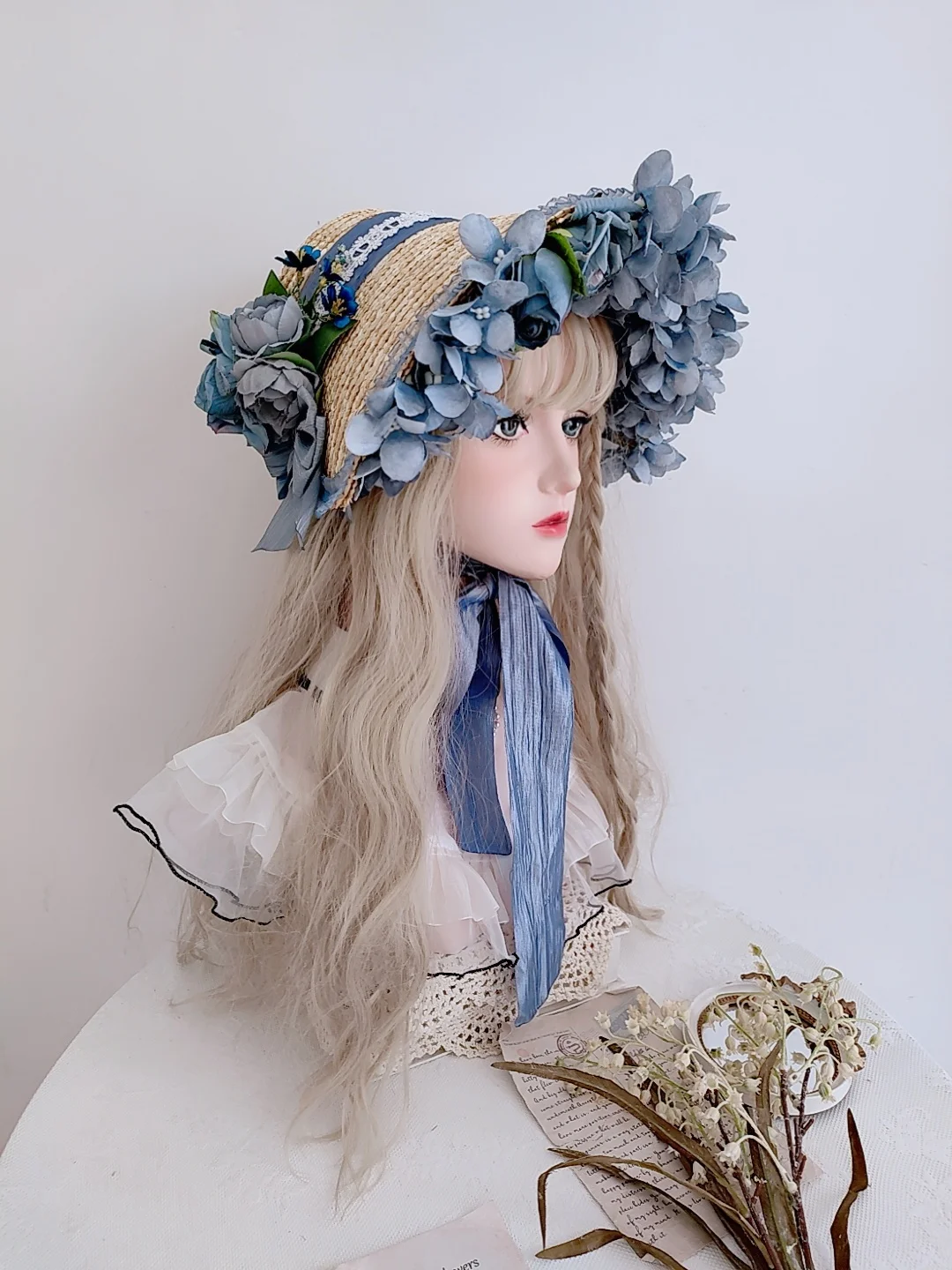 

Handmade Haze Blue Rose Flat Hat Lolita Gorgeous Elegant Tea Party Pastoral French Style Ponette Headdress