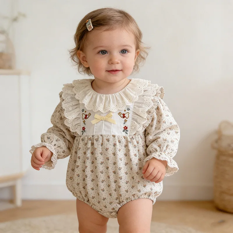Sweet Floral Long Sleeve Baby Romper Spring Autumn Lace Trim Collar Bottom Feeding Suit Baby Clothes Crawling Suit Jumpsuits