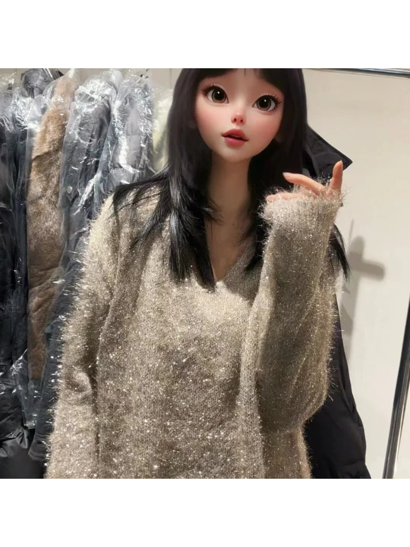 

Trendy Lazy Sle Sequin Knitwear Loose Winter New Arrival Women's Faionable Top Comfortable Soft Long Sve Crew Ne
