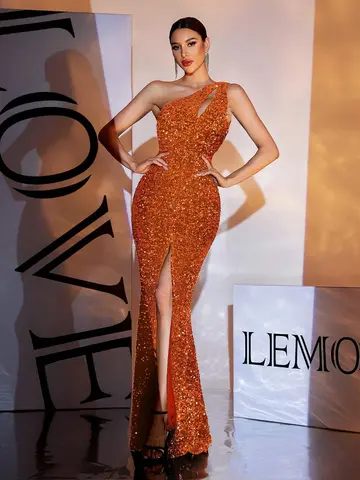 LOVE&LEMONADE Orange paljettutsmyckad slits rygglös lång aftonklänning maxiklänning för kvinnor grossist dropshipping LM84230 8 best sales bränd orange mantel - №5