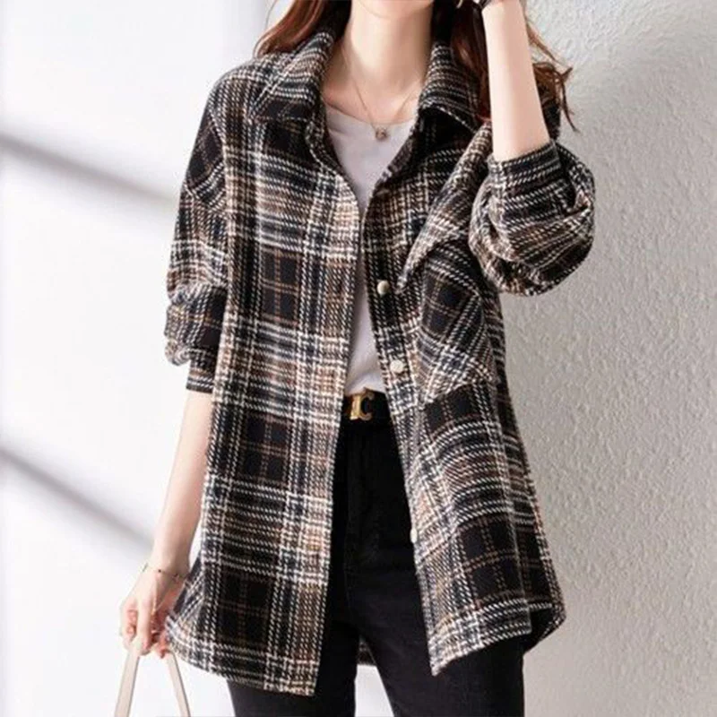 Spring Thick Korean Fashion Loose Shirt Lady Casual Vintage Pockets Long Sleeve Top Women Clothing Simple Commuting Blouses