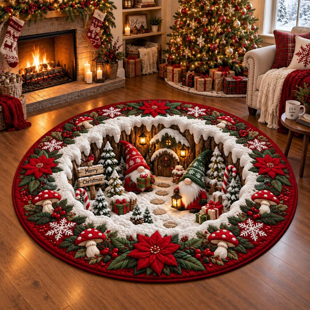 3D Christmas Gnome Round Rug Illusion Santa Claus Tree Area Mat Festive Carpet for Living Room Holiday Home Decor 2D print