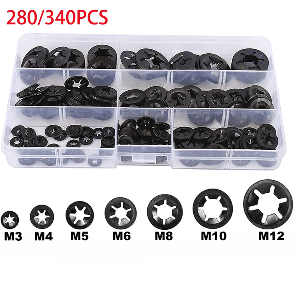 280/340pcs M3-M12 External Circlip Self-Locking Retaining Clip Push On Shaft Bearing Snap Ring Washer Kit Set Black 65mn Steel